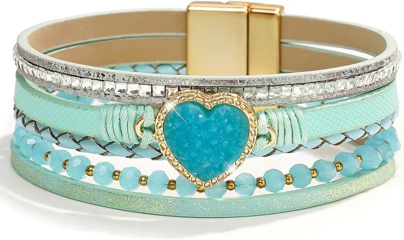 Suyi Multilayer Leather Wrap Bracelet Heart-Shape Wide Cuff Bracelets for Women - Image 1